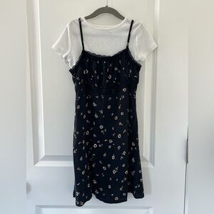 Art Class Girls Layered Dress Medium Black Floral Slip Dress White Tee